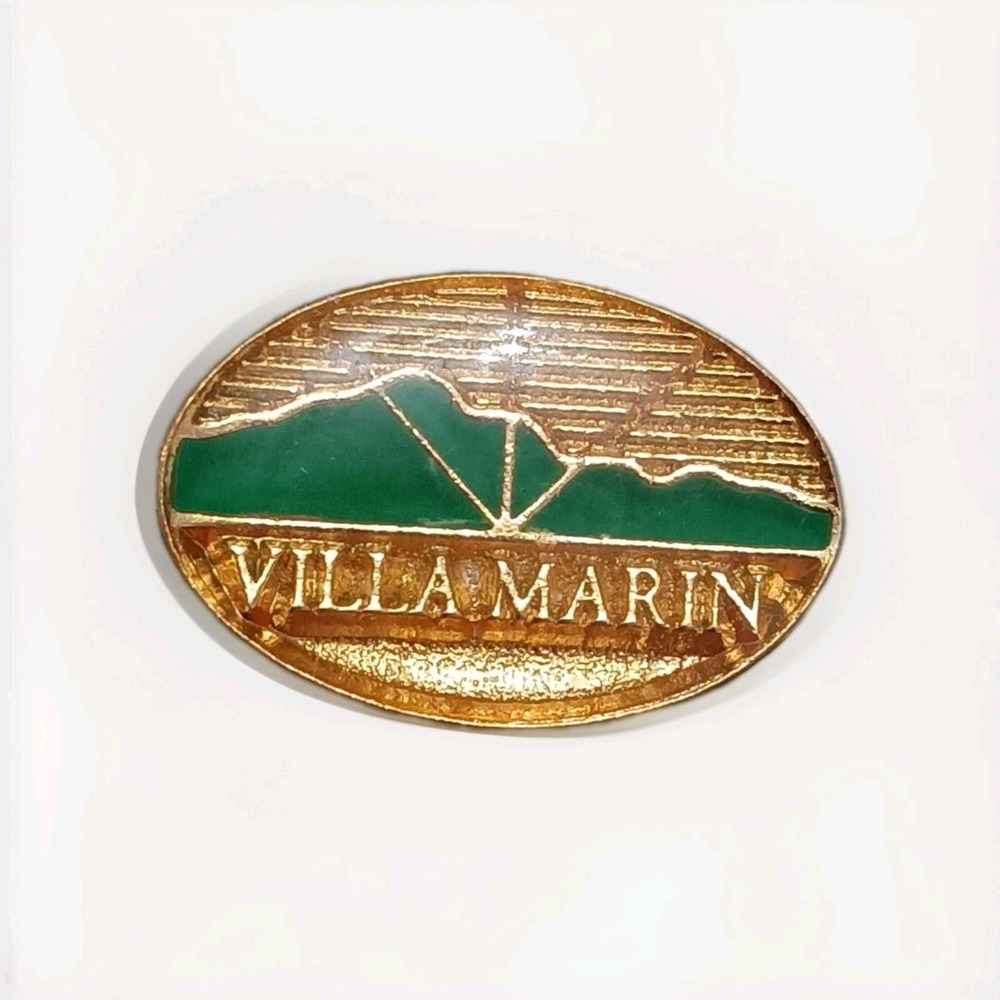 Vintage Villa Marin California Enamel Hat Lapel Pin Pinback Tie Tac Gold Green